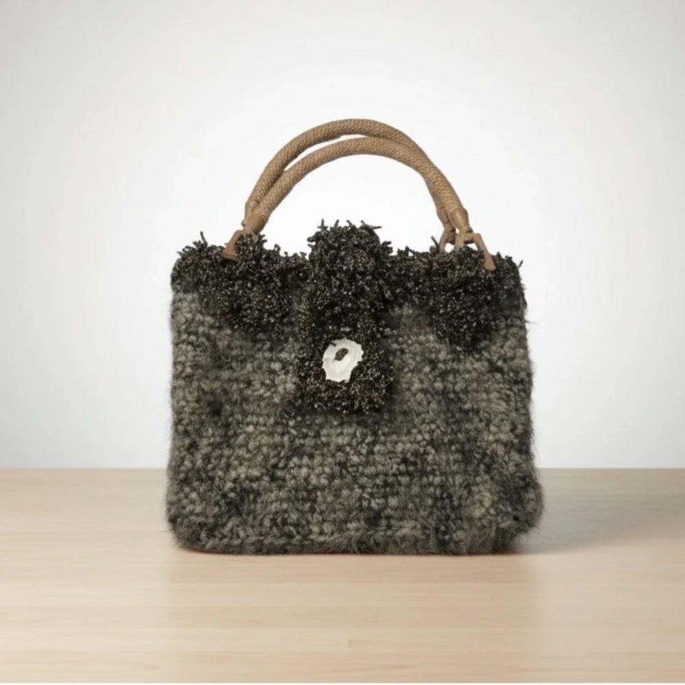 Handmade Knit Mohair-like Purse‎ Antler Button Wooden Handles Cottagecore